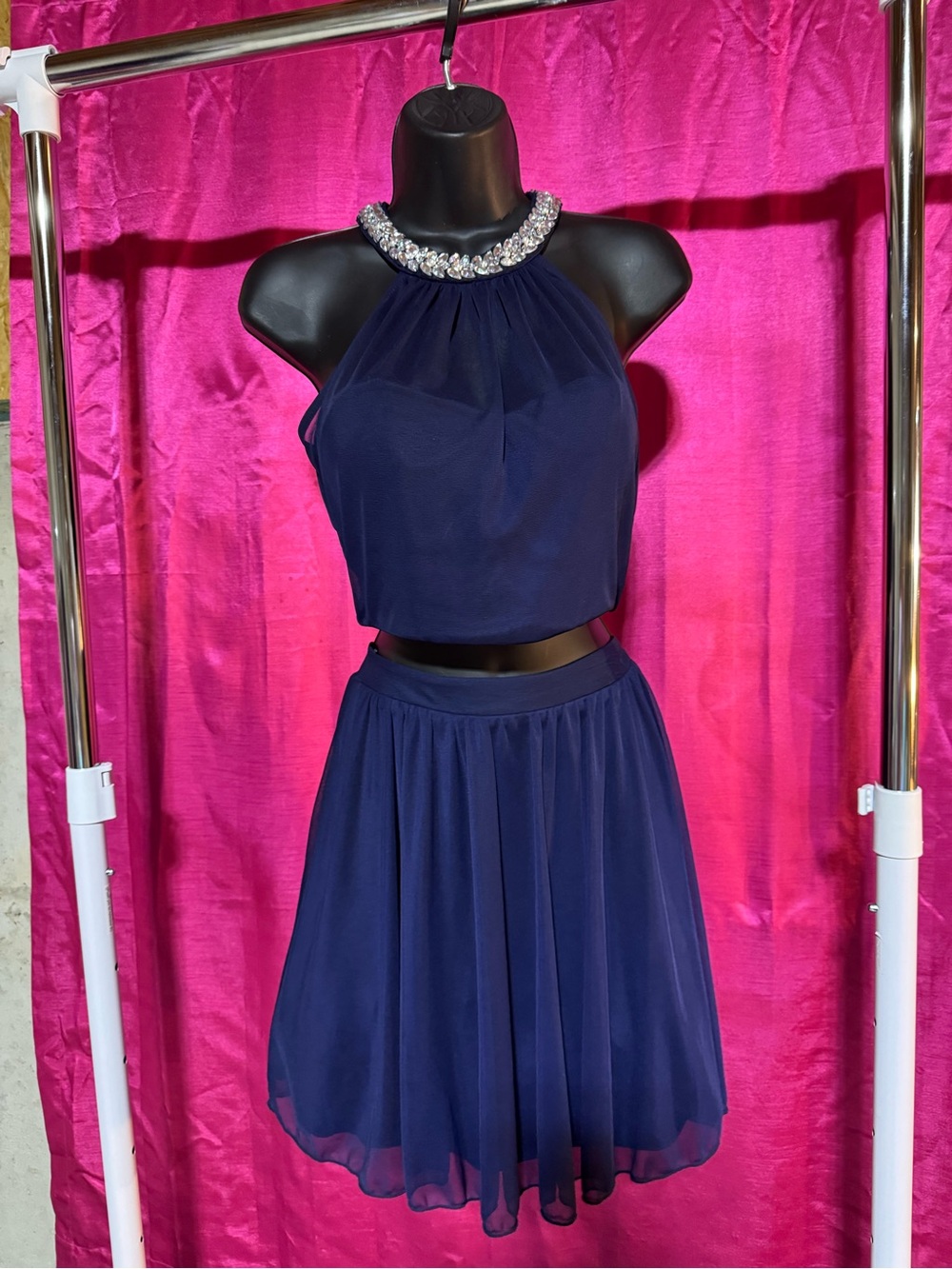Speechless Navy Halter Two-Piece Dress with Jeweled Neckline